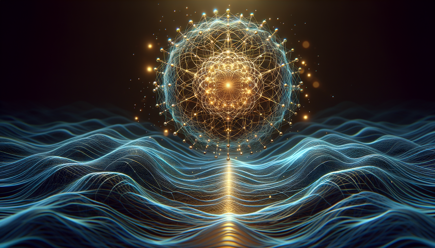 A luminous golden 600-cell polytope above an EEG-like wavefield horizon