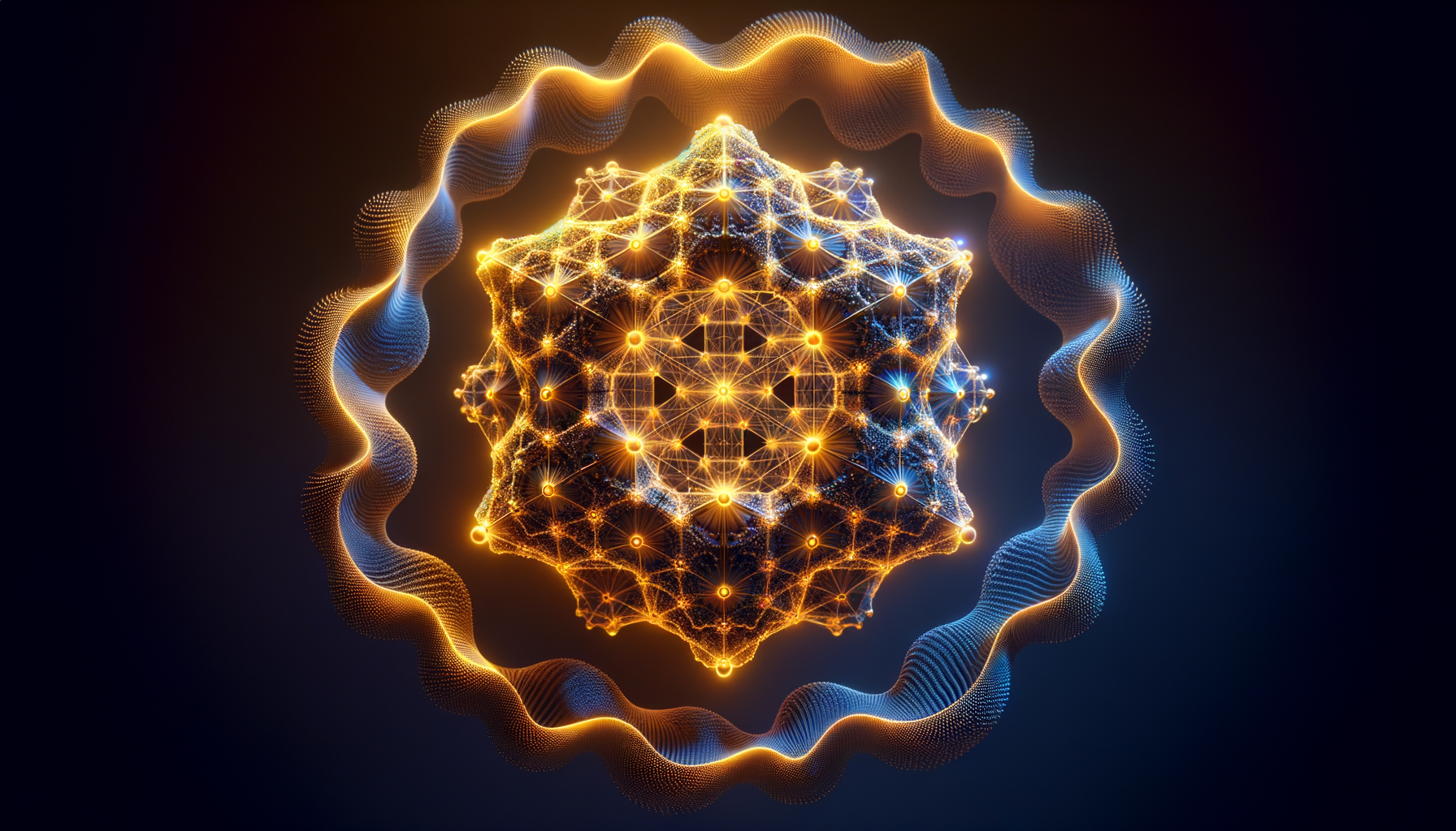A luminous golden 600-cell polytope at the centre with four distinct dynamical regimes flowing around it like an aurora ribbon