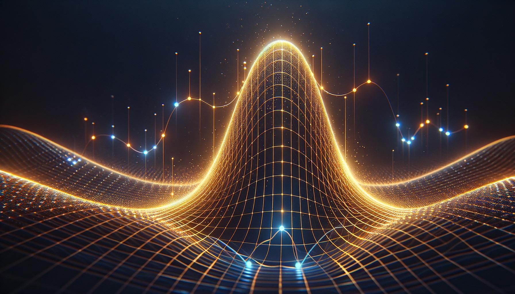 Golden response kernel arched over five experimental data points with translucent 600-cell lattice