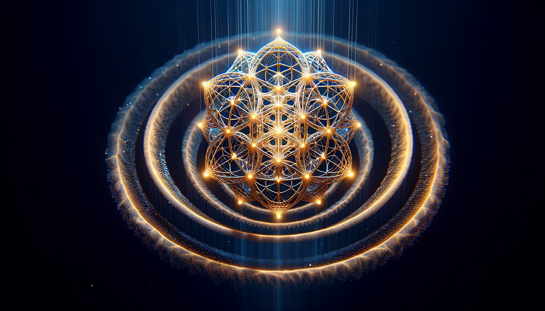 A luminous golden 600-cell polytope radiating a single bell-shaped response curve through five concentric data shells