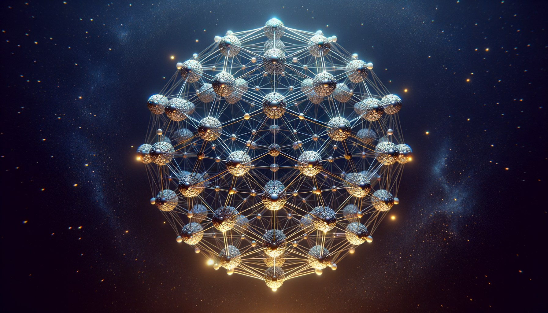 A luminous Dic_5 coset cluster: 4 bright golden vertices at the centre, 16 cooler blue-silver vertices at the periphery, with translucent thin golden wire edges showing the binary dihedral symmetry