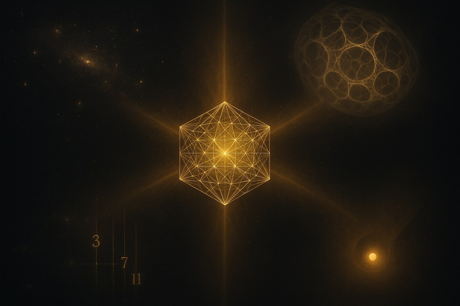 A central luminous golden 600-cell polytope radiating four soft rays of light to four symbolic domains arranged at the cardinal points — universe (galaxies), life (organic membrane), number (spectral lines), and mind (inner aperture)