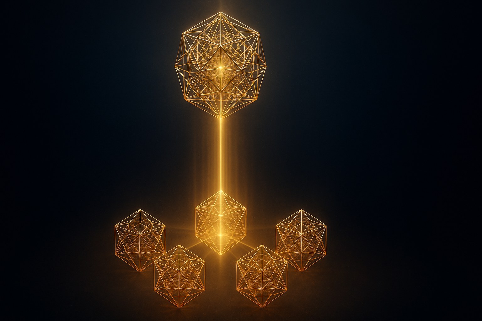 Five smaller golden 24-cell polytopes arranged in a pentagonal formation in the lower half of the frame, with a single columnar halo of warm golden light rising up into a larger translucent 600-cell polytope above, illustrating a closure-projection channel