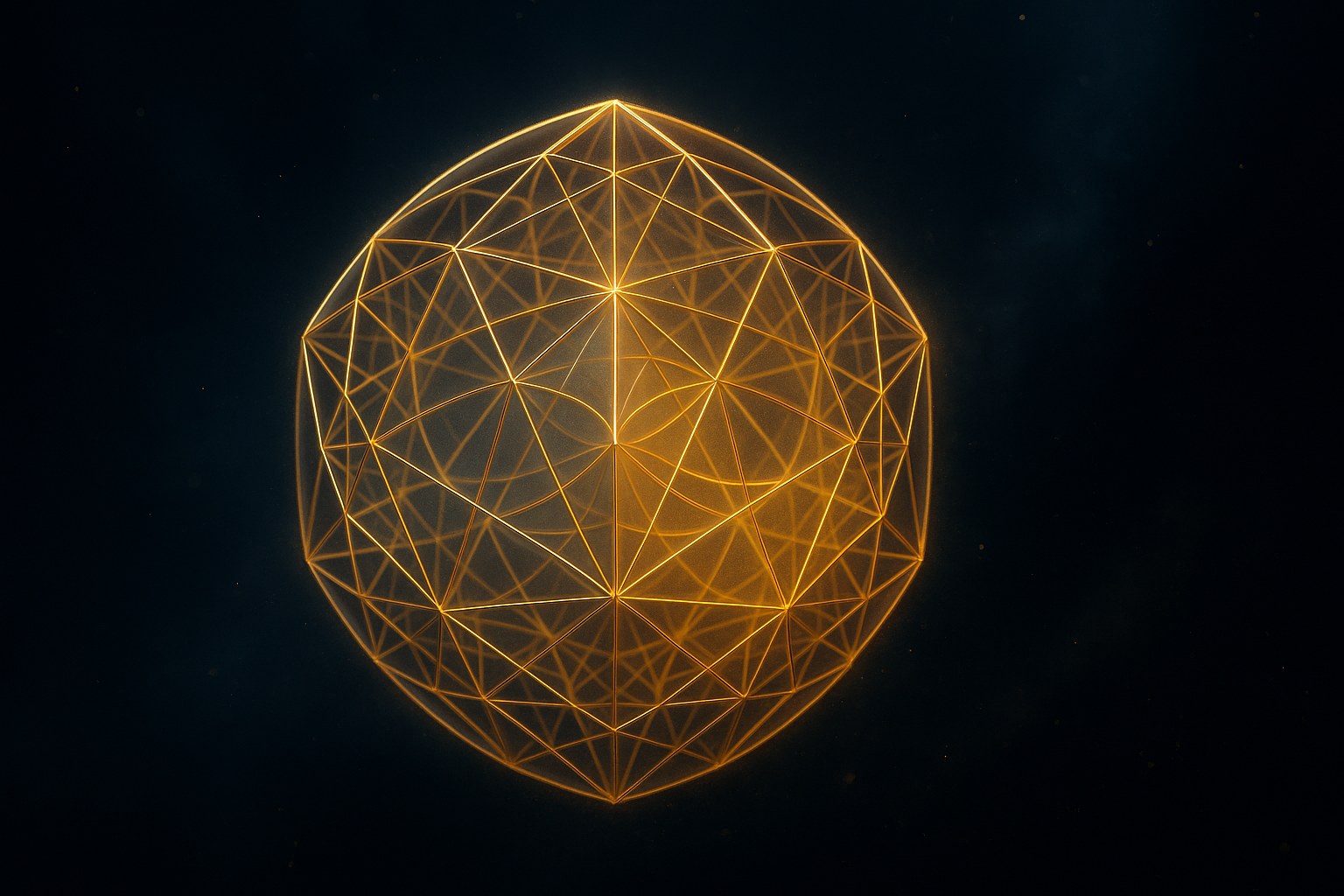 A single luminous translucent golden 600-cell polytope at the centre of a deep navy cosmic void, with a thin luminous halo at its boundary marking the closure operator and faint zero-line arcs tracing across its interior