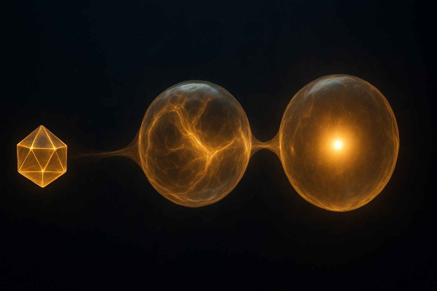 Three luminous closed-form structures arranged horizontally — a foundational polytope on the left, a living-frame membrane in the centre, and a larger structure containing an inner point of light on the right, connected by soft golden bridges