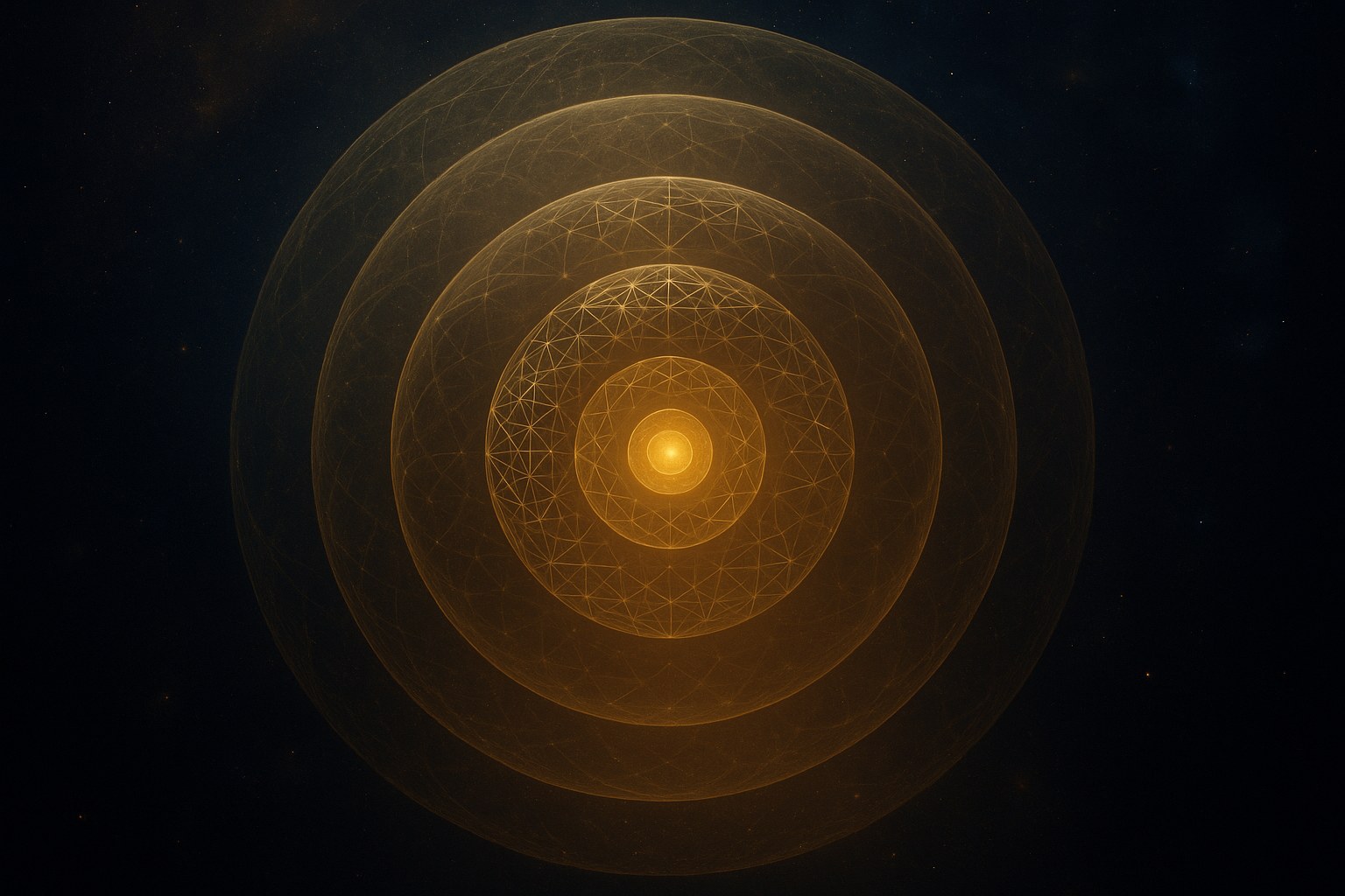 A seven-rung concentric cascade of luminous translucent golden shells nested around a tiny central point of warm light, set against a deep cosmic void with faint distant galaxies, evoking E_8 down to a tiny cosmological-constant residue