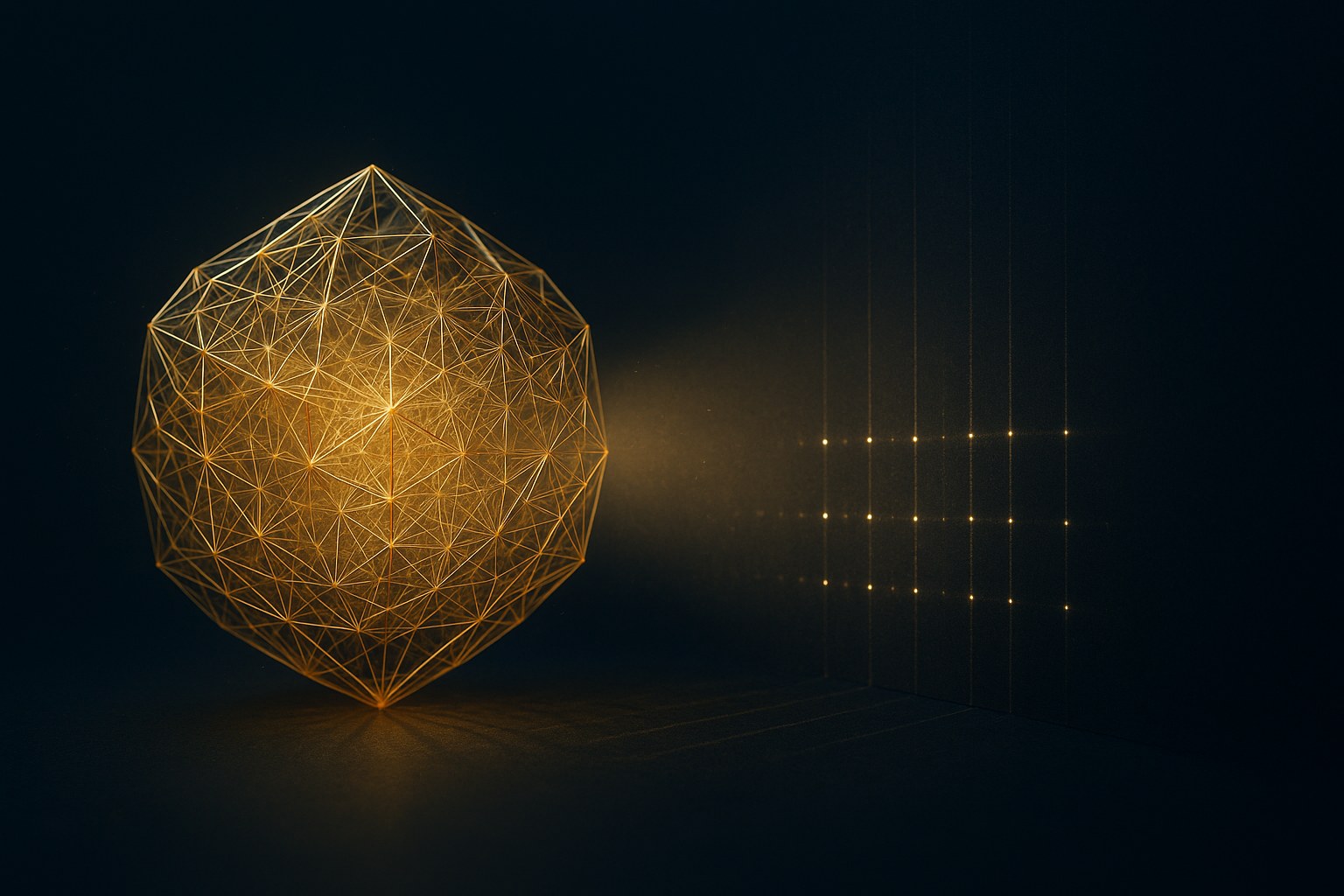 A single luminous golden 600-cell polytope at the centre of frame, a focused light beam passing through it and projecting a sharp, ordered arithmetic shadow of evenly spaced points onto a vast dark wall behind it — a boundary the shadow reaches but does not cross