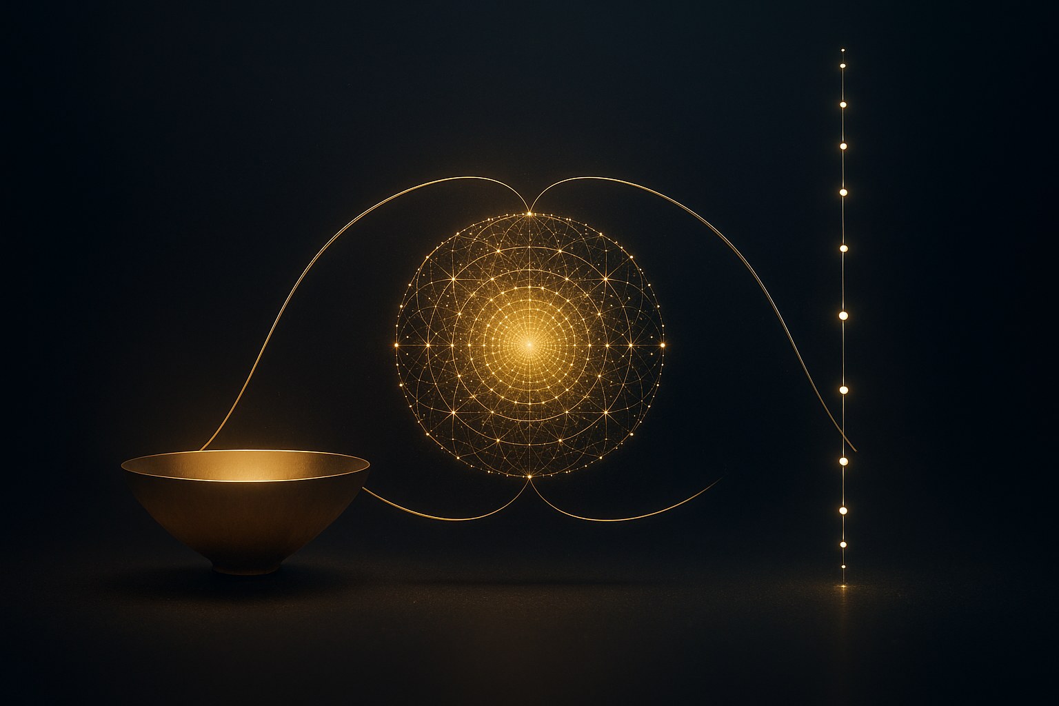 A luminous golden E8 root-system mandala at the centre of frame holding in exact balance, like the two pans of a scale, a positive-definite parabolic bowl on the left and a critical line of evenly spaced bright points on the right — a two-way mathematical equivalence