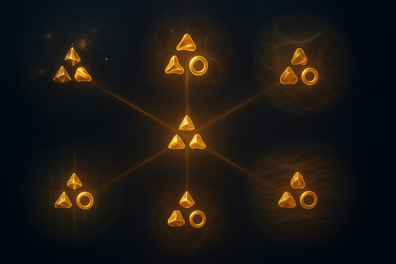 A central small luminous triadic pattern at the centre of the frame, with five mirrored versions of the triad arranged in pentagonal formation around it, each set against a faint backdrop of a different VFD domain — cosmology, biology, spectral bridge, existence/closure, cascade refinement