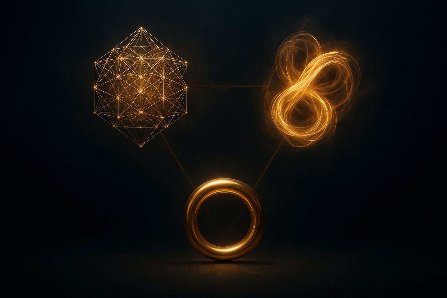 Three distinct luminous golden mathematical objects arranged in a symmetric triangular formation: a crystalline 600-cell polytope (substrate), a flowing dynamical form (generation), and a polished closed ring (closure) — connected by faint golden lines