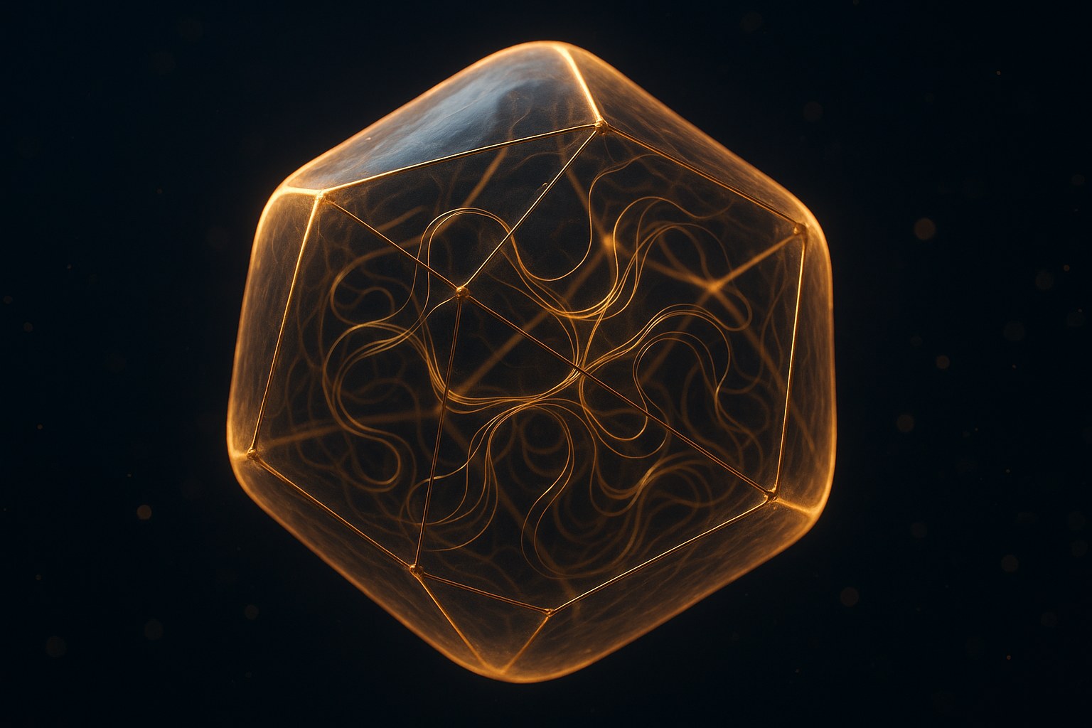 A translucent organic-yet-geometric closed structure with a luminous golden membrane boundary, with complex branching internal currents suggesting memory, repair, agency, and meaning loops