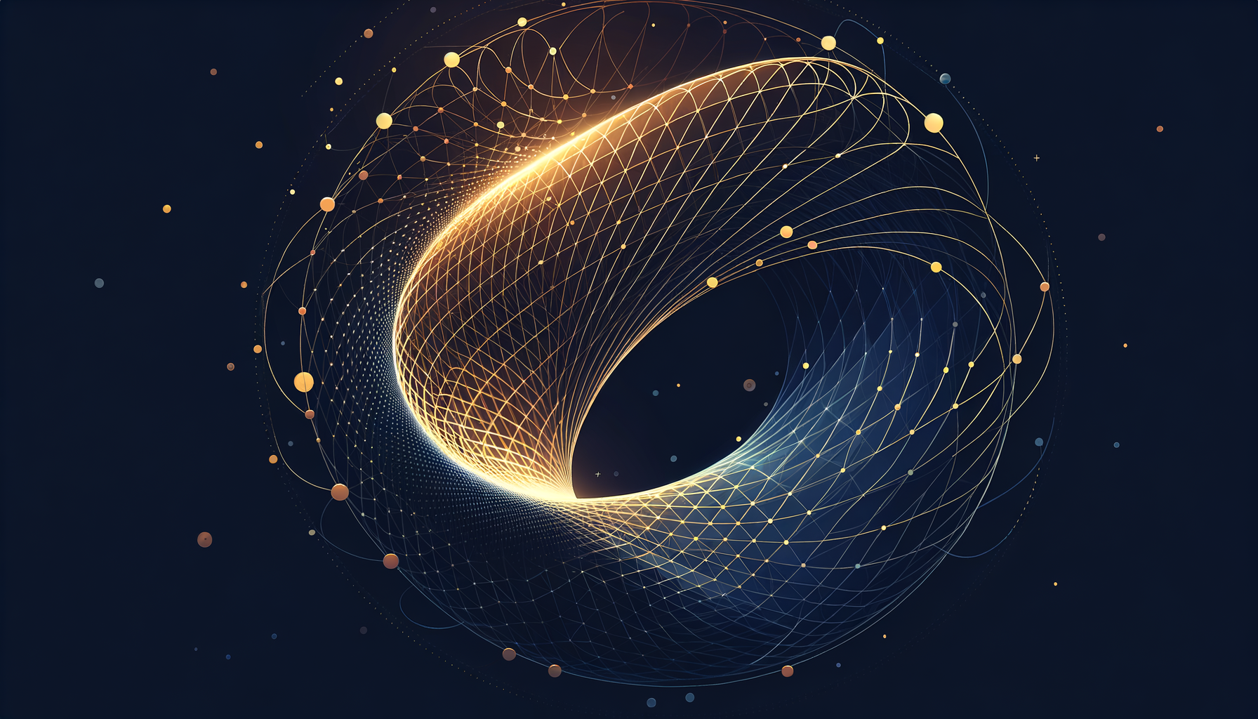 Curved manifold surface with golden geodesic lines bending in regions of curvature