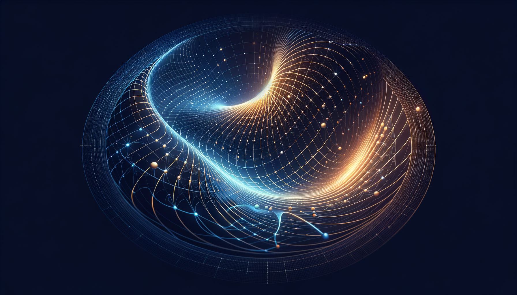 Curved manifold surface with golden geodesic lines bending in regions of high curvature