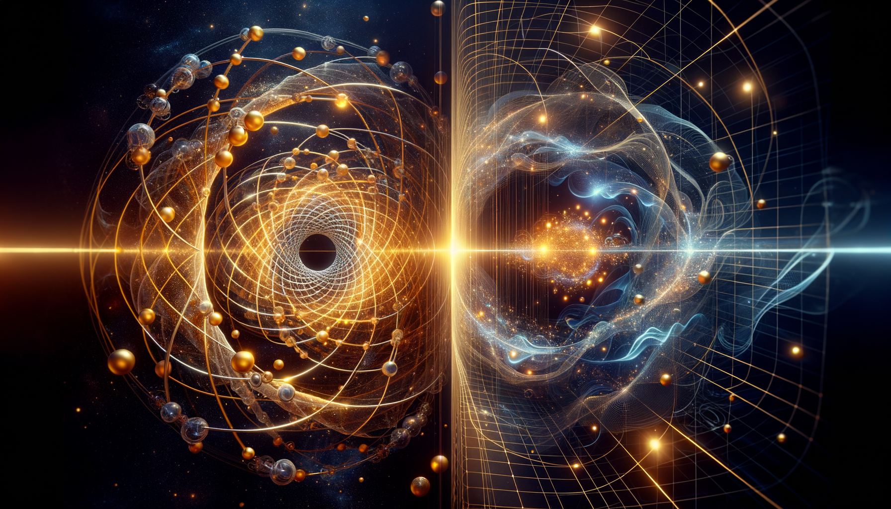 Two parallel geometric worlds — constraint manifold and particle interaction web — connected by golden correspondence bridges