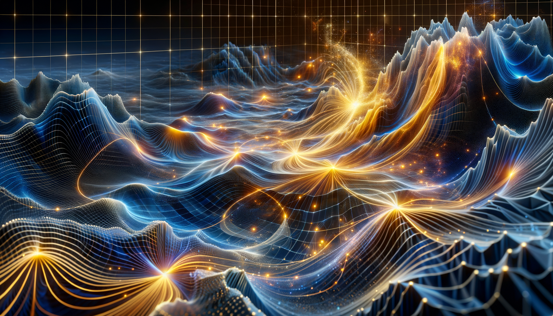 Golden gradient-flow trajectories streaming across a constraint landscape toward attractor basins