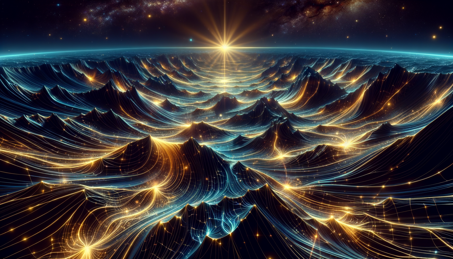 Golden gradient-flow trajectories streaming across a constraint landscape toward stable attractor basins