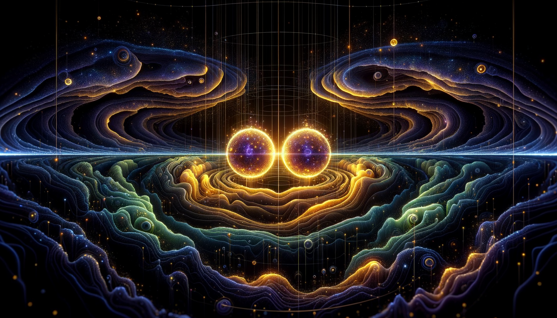 Two golden orbs with basin landscapes merging and deforming as they interact