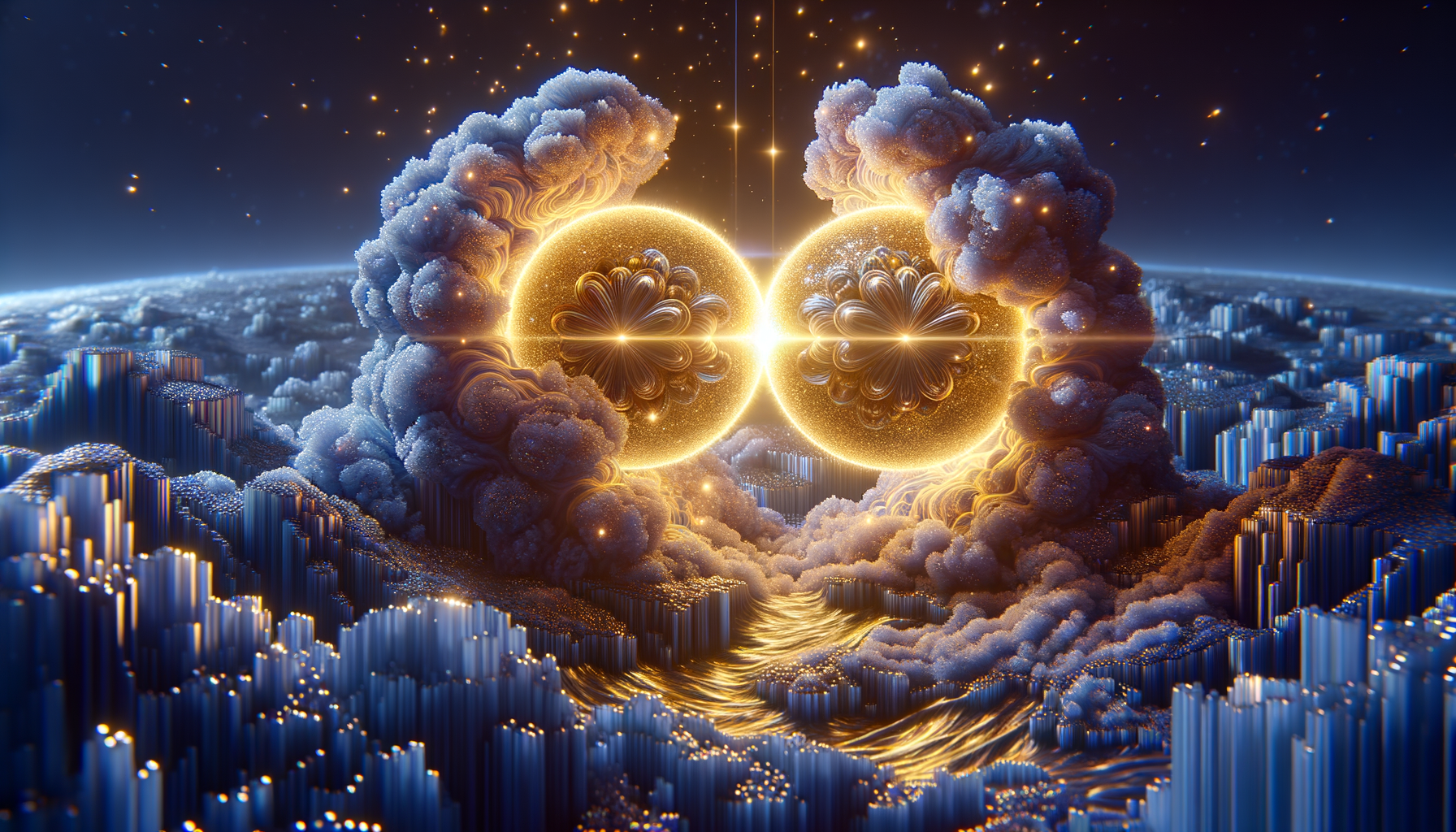 Two golden orbs with basin landscapes merging as they interact