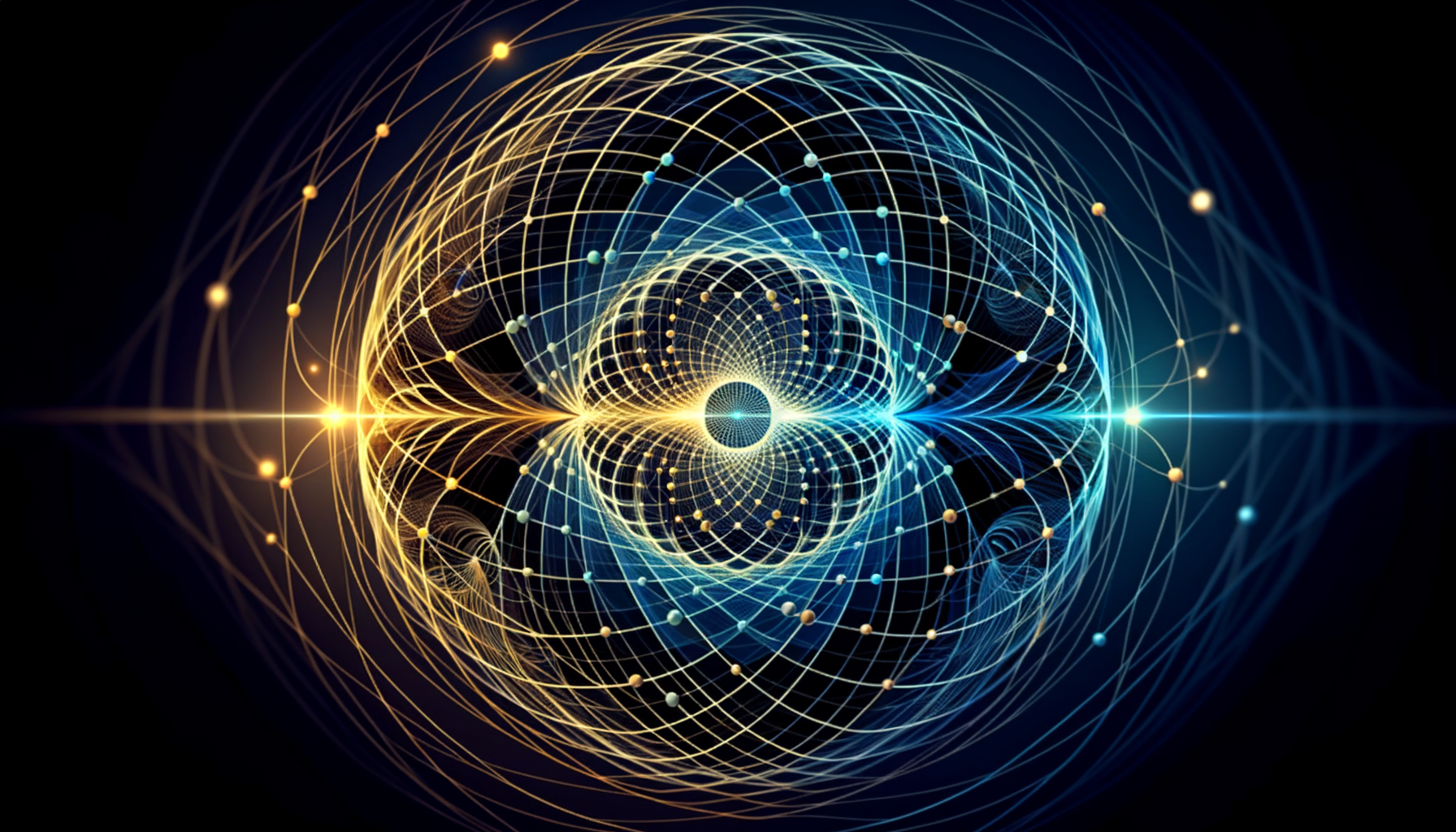 Golden lattice polytope at center with quantum waves emanating left and gravitational geodesics right — unified from one geometry