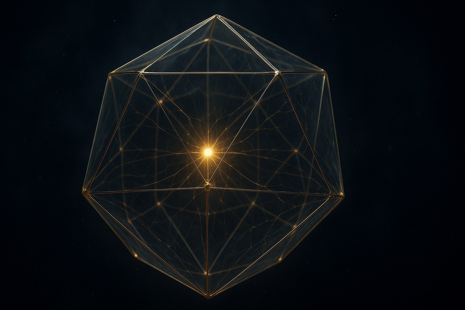 A large translucent crystalline polytope containing a single small bright bead of warm golden light at its centre, surrounded by a thin luminous aperture cone narrowing inward, with faint golden filament-bridges connecting outward to the polytope's boundary