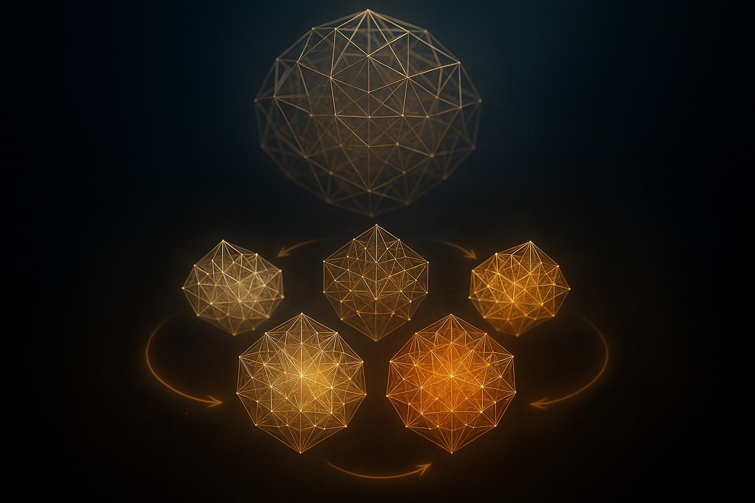 A large translucent 600-cell polytope decomposing into five smaller 24-cell polytopes arranged in a symmetric pentagonal formation, each glowing in a slightly different gold hue with curved arrows of light flowing between them