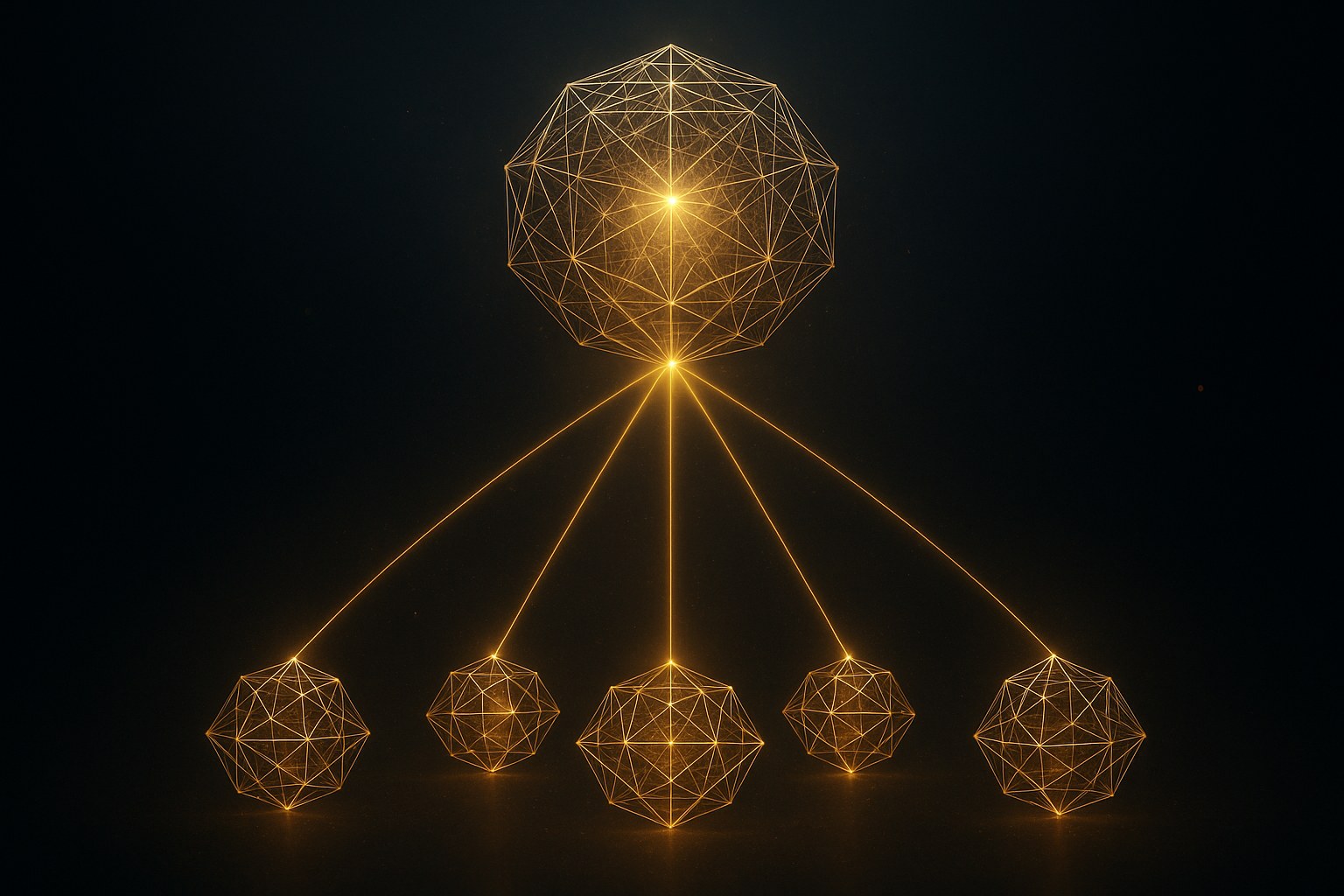 Five smaller golden 24-cell polytopes arranged in a pentagonal formation, with five golden light beams rising and converging into a larger translucent 600-cell polytope above, illustrating a selective spectral bridge