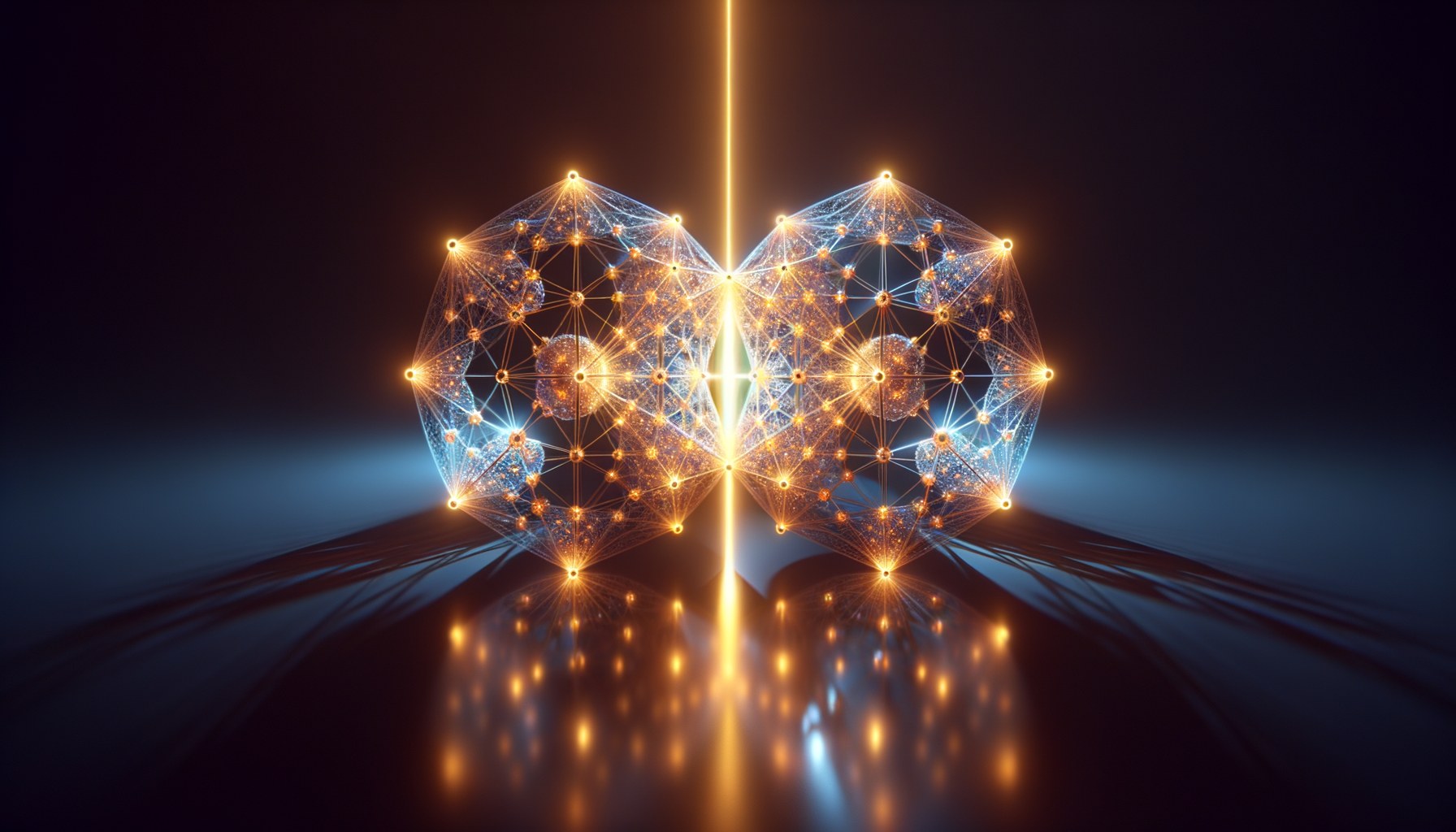 Two mirrored halves of a luminous 600-cell polytope, separated by a vertical golden axis with light arcs crossing between vertex pairs across the central involution axis