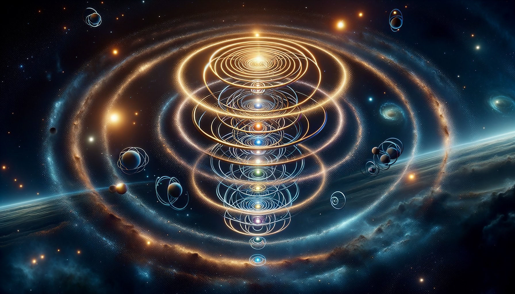 Twelve concentric luminous ring-cycles in space, one warm gold and one deep blue highlighted as rank-one projectors, against a vast cosmic backdrop with a ghosted 600-cell scaffold