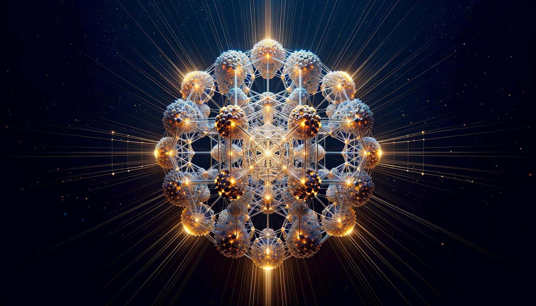A luminous golden 600-cell polytope with 120 vertices and 720 fine wire edges, with five distinct vertical columns of soft volumetric light radiating outward, suggesting a programme of five papers