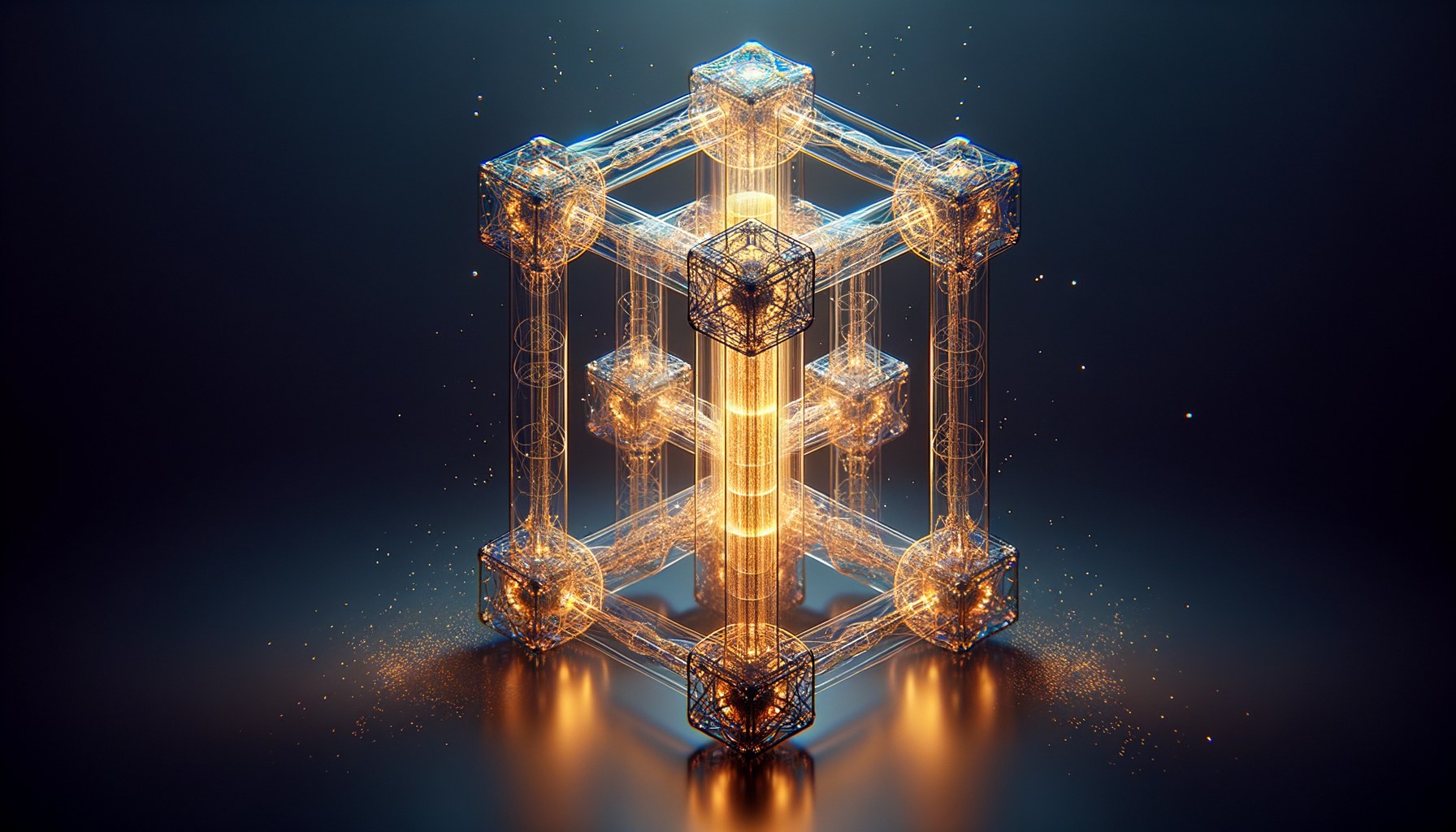 A vertical golden architectural spine running through a translucent 600-cell polytope, with four side-branches of light suggesting four foundation theorems factoring through common structure