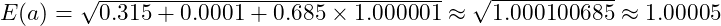 E(a) = \sqrt{0.315 + 0.0001 + 0.685 \times 1.000001} \approx \sqrt{1.000100685} \approx 1.00005