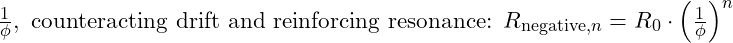 \frac{1}{\phi}, \text{ counteracting drift and reinforcing resonance: } R_{\text{negative}, n} = R_0 \cdot \left(\frac{1}{\phi}\right)^n