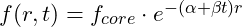 f(r, t) = f_{core} \cdot e^{-(\alpha + \beta t) r}