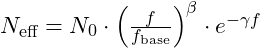 N_{\text{eff}} = N_0 \cdot \left(\frac{f}{f_{\text{base}}}\right)^{\beta} \cdot e^{-\gamma f}